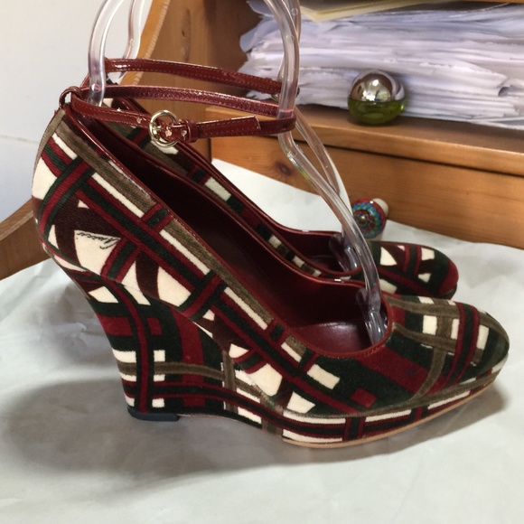 GUCCI WEDGES HEELS suede mary Janes ITALY PLATFORM 37 RED GREEN pumps MULES clog - Picture 1 of 10